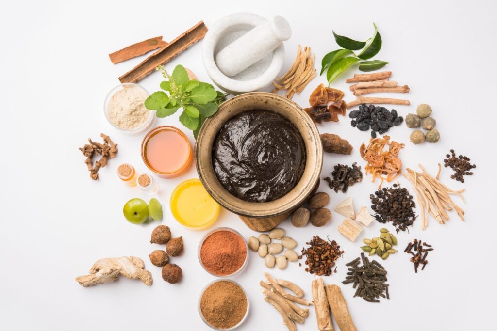 display of ingredients to make ayurvedic potions